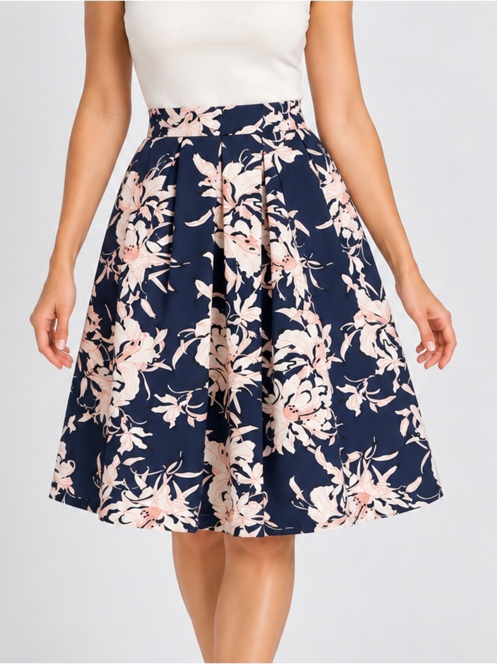 ASTR Navy Floral Pleated Knee Length Skirt Size Large